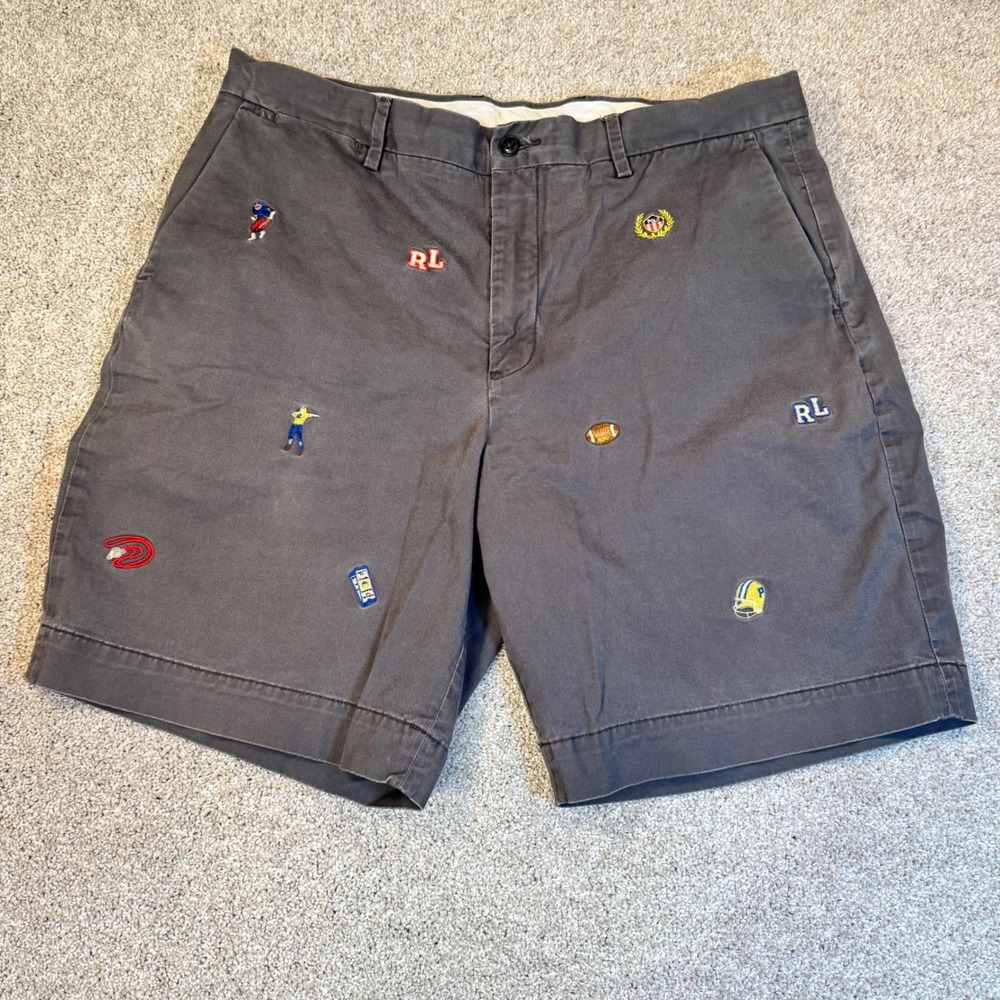 Polo Ralph Lauren Mens 36 Embroidered Chino Shorts Grey Stretch Classic Preppy